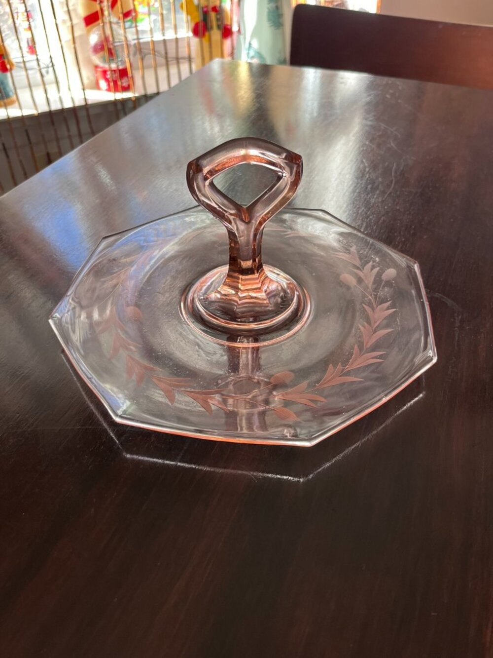 Vintage Pink Depression Glass Center Handle Server Etched Floral Tray Plate